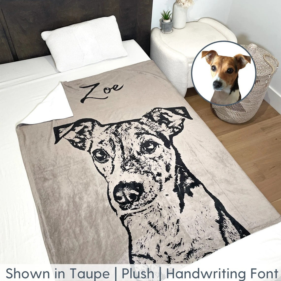 Personalized pet portrait blanket in taupe with a dog portrait and the name Zoe on a bed