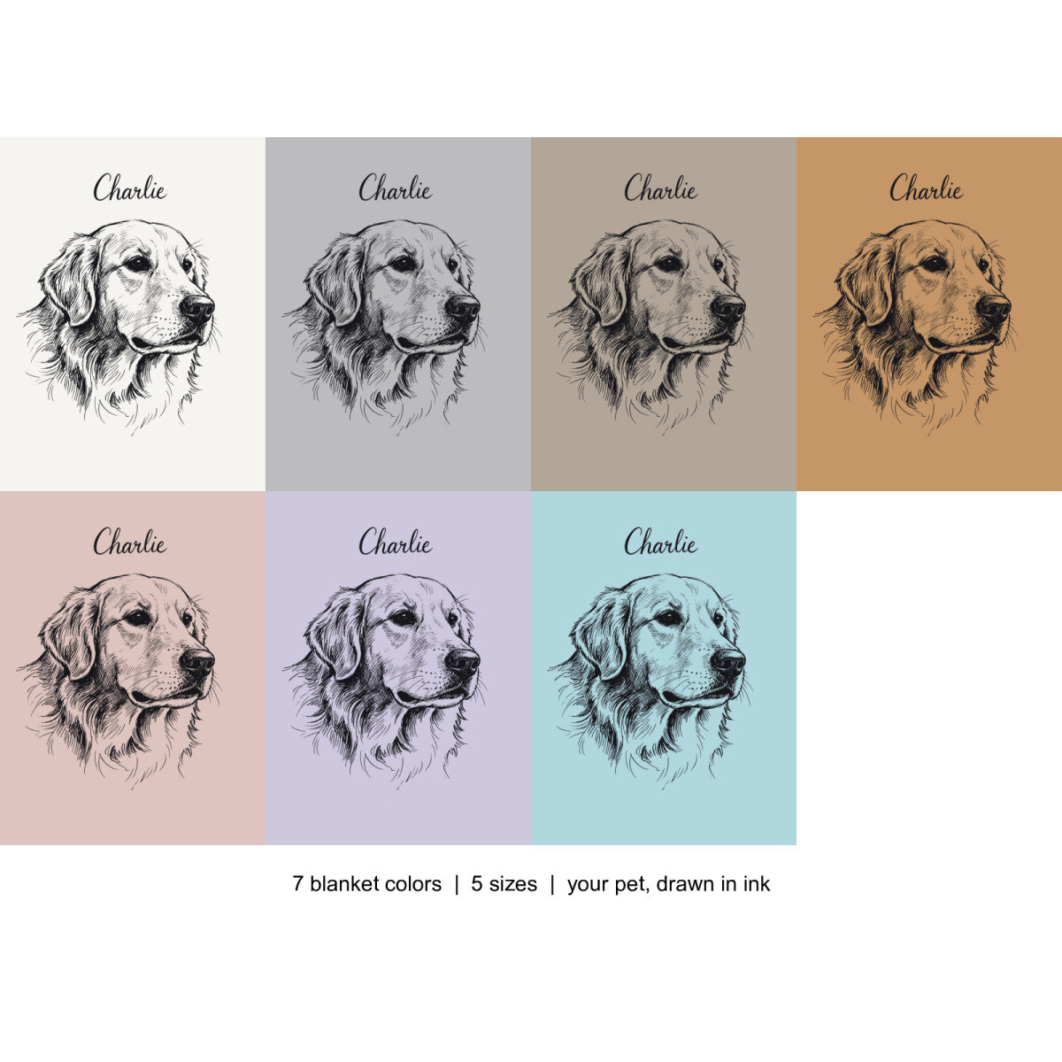 Ink sketch pet portrait blanket shown in seven colors