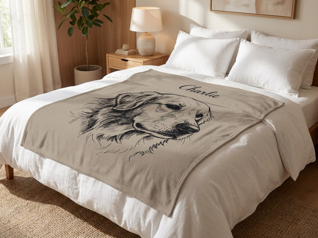 Custom ink pet portrait blanket in taupe on a made bed in a bright bedroom