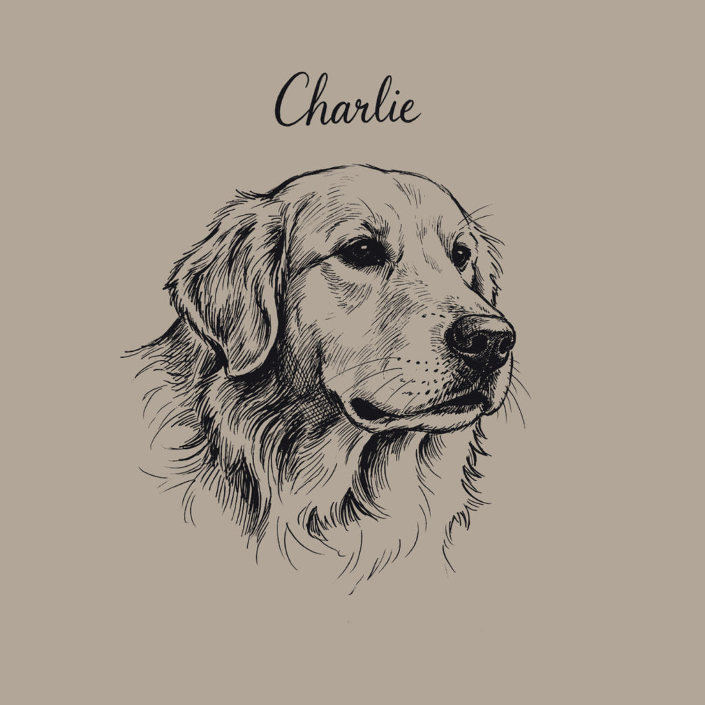 Custom pet portrait blanket with a hand-drawn ink sketch of a golden retriever and the name Charlie, taupe