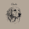 Custom pet portrait blanket with a hand-drawn ink sketch of a golden retriever and the name Charlie, taupe