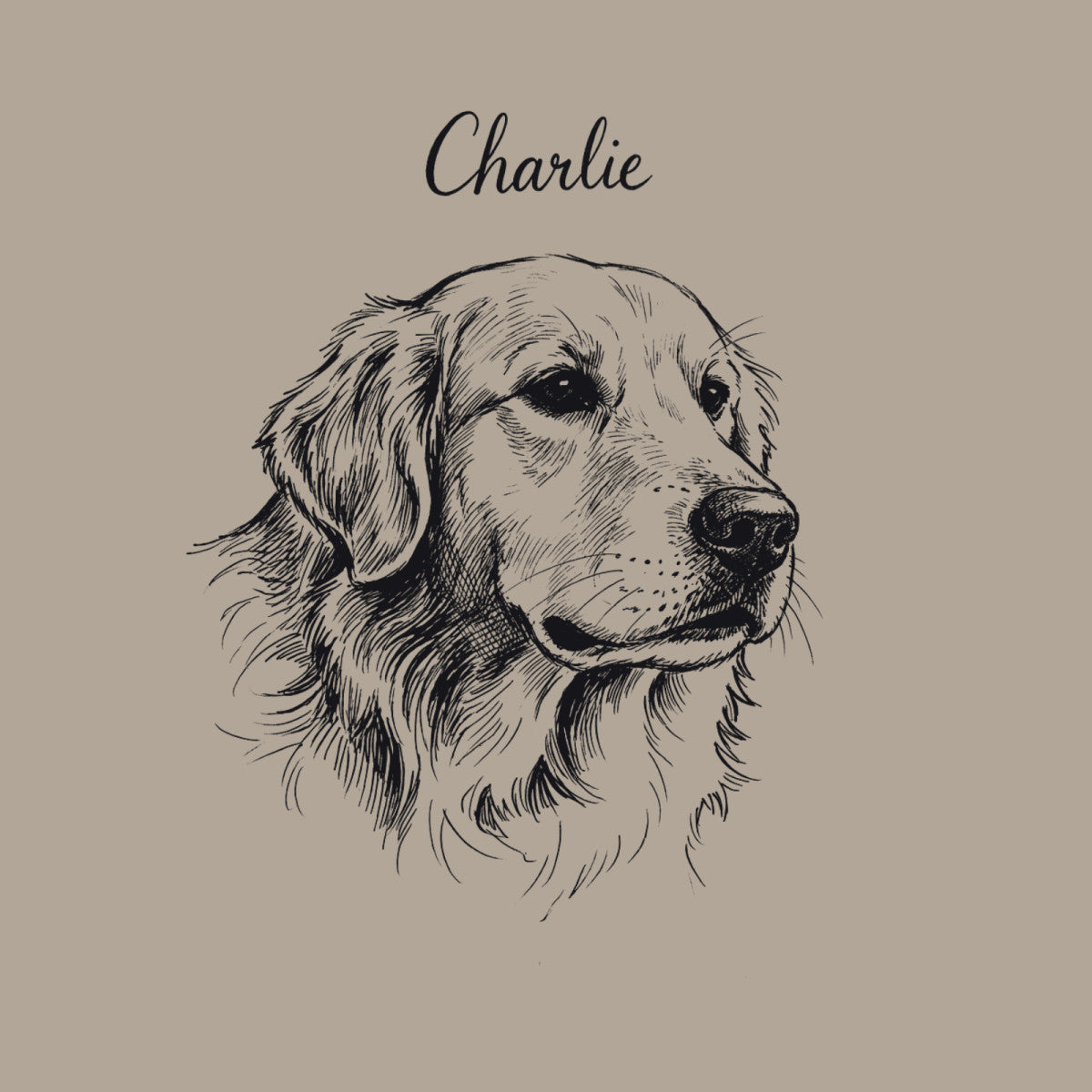 Custom pet portrait blanket with a hand-drawn ink sketch of a golden retriever and the name Charlie, taupe