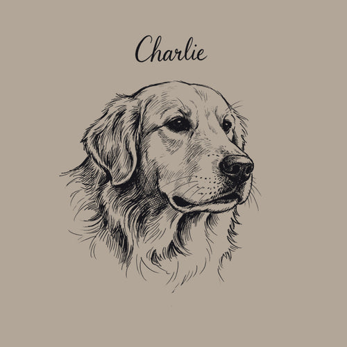 Custom pet portrait blanket with a hand-drawn ink sketch of a golden retriever and the name Charlie, taupe